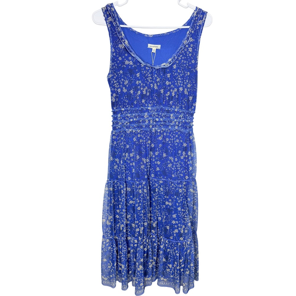 Max Studio Women Floral Mesh Midi Dress Small Blue Tiered Smocked Sleeveless NWT